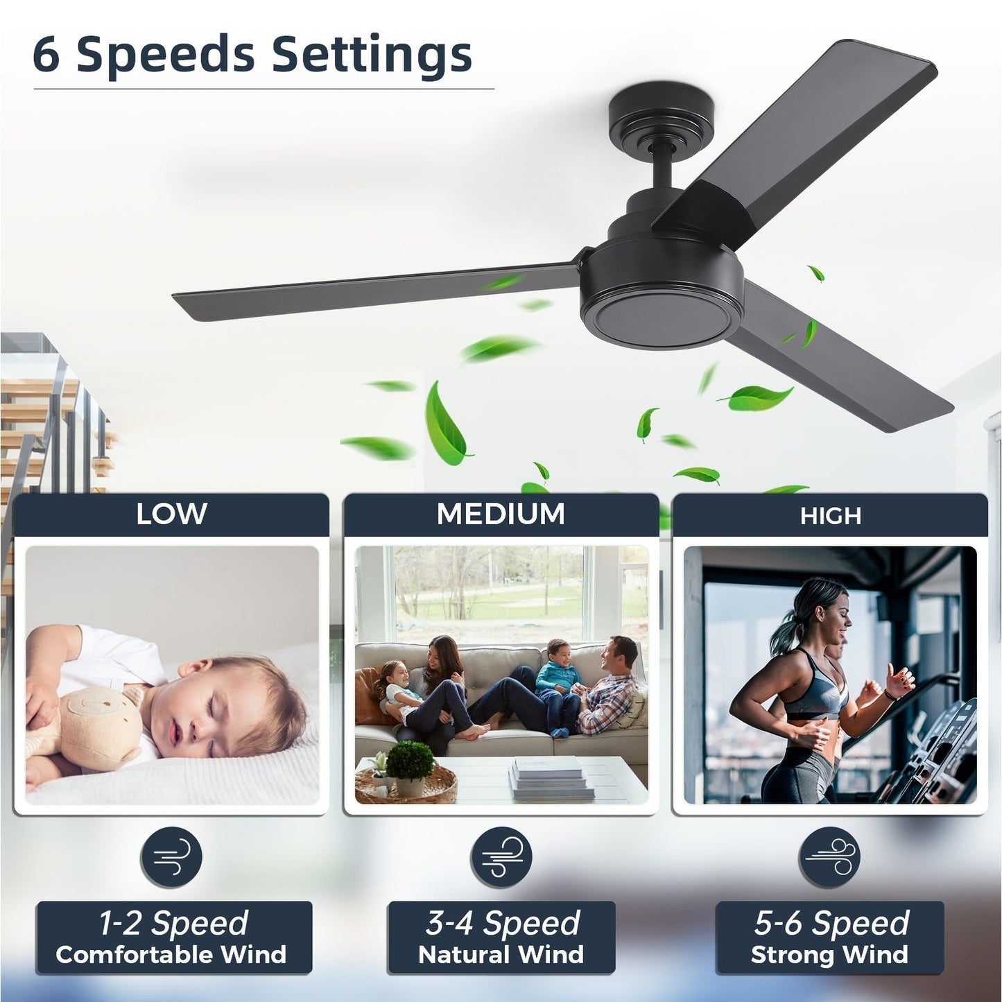 Ventilateur de plafond moderne de 52 pouces en bois massif/ABS avec télécommande (sans éclairage), 6 vitesses de vent, flux d'air réversible.