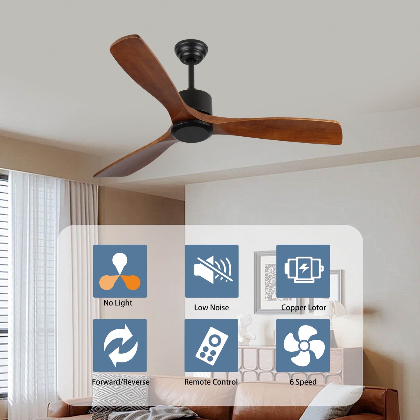 Ventilateur de plafond moderne de 52 pouces en bois massif/ABS avec télécommande (sans éclairage), 6 vitesses de vent, flux d'air réversible.
