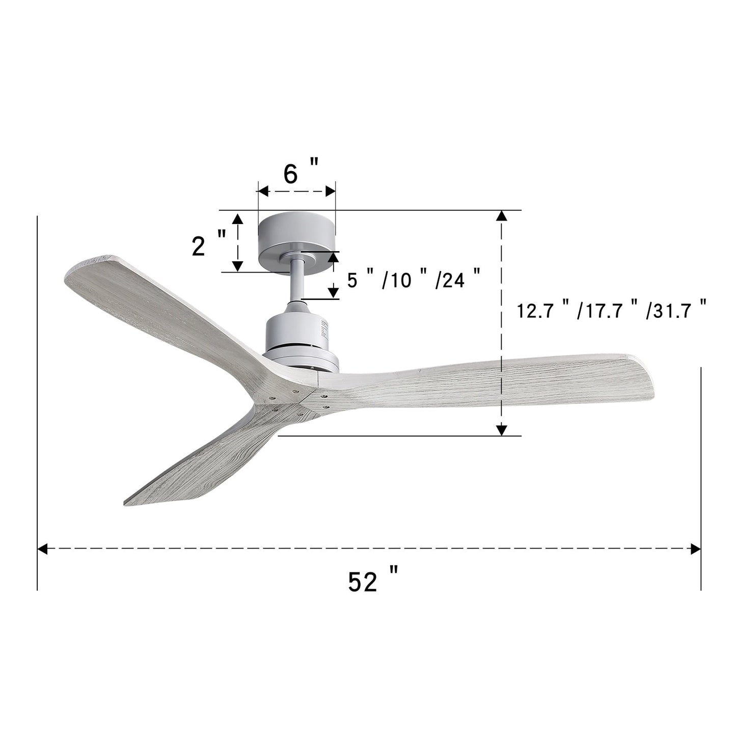 Ventilateur de plafond moderne de 52 pouces en bois massif/ABS avec télécommande (sans éclairage), 6 vitesses de vent, flux d'air réversible.