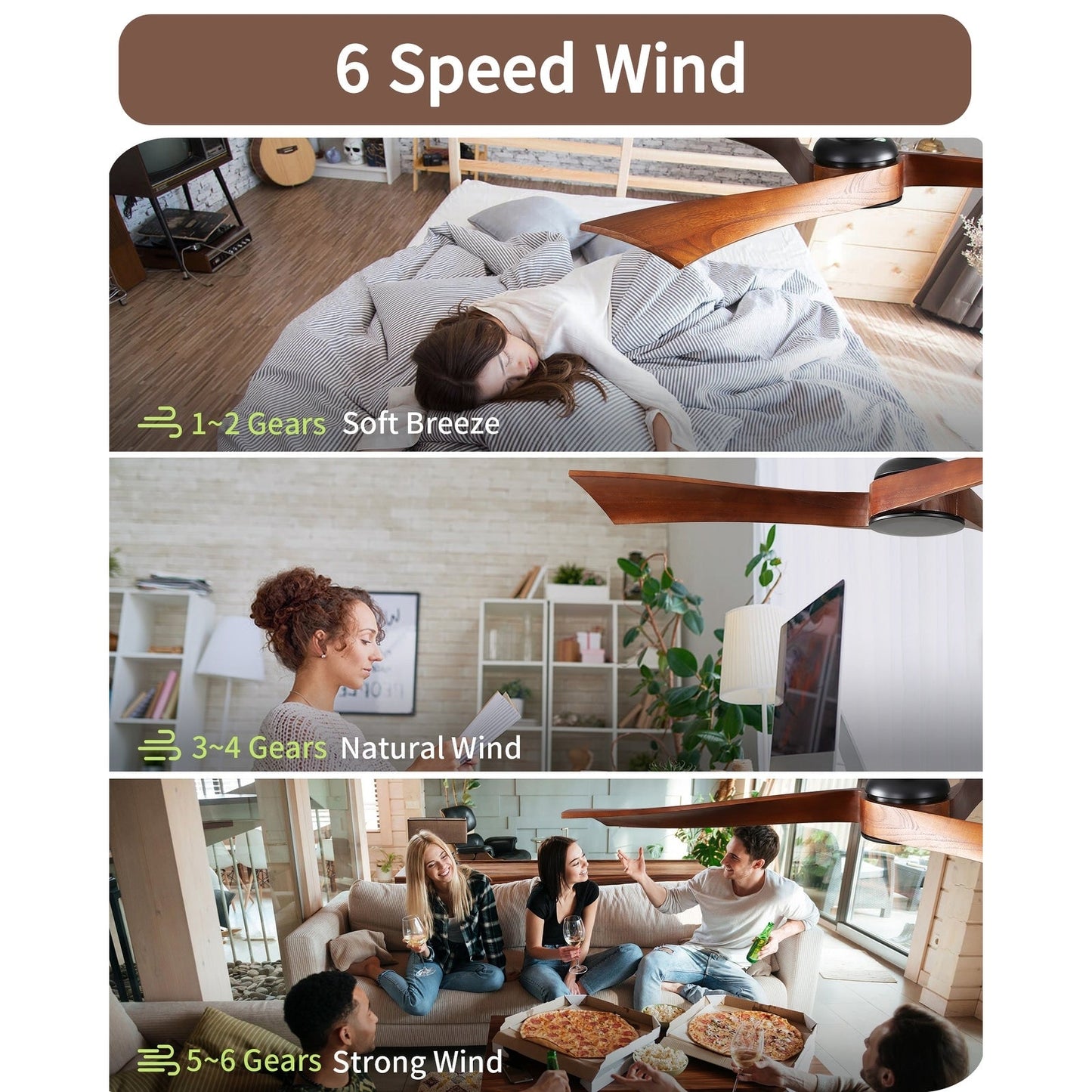 Ventilateur de plafond moderne de 52 pouces en bois massif/ABS avec télécommande (sans éclairage), 6 vitesses de vent, flux d'air réversible.