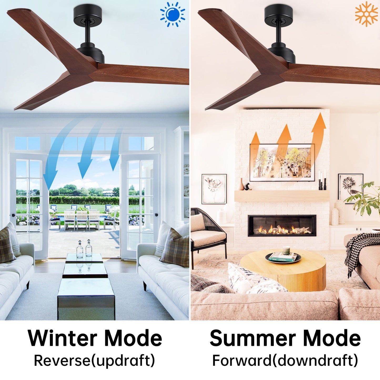 Ventilateur de plafond moderne de 52 pouces en bois massif/ABS avec télécommande (sans éclairage), 6 vitesses de vent, flux d'air réversible.