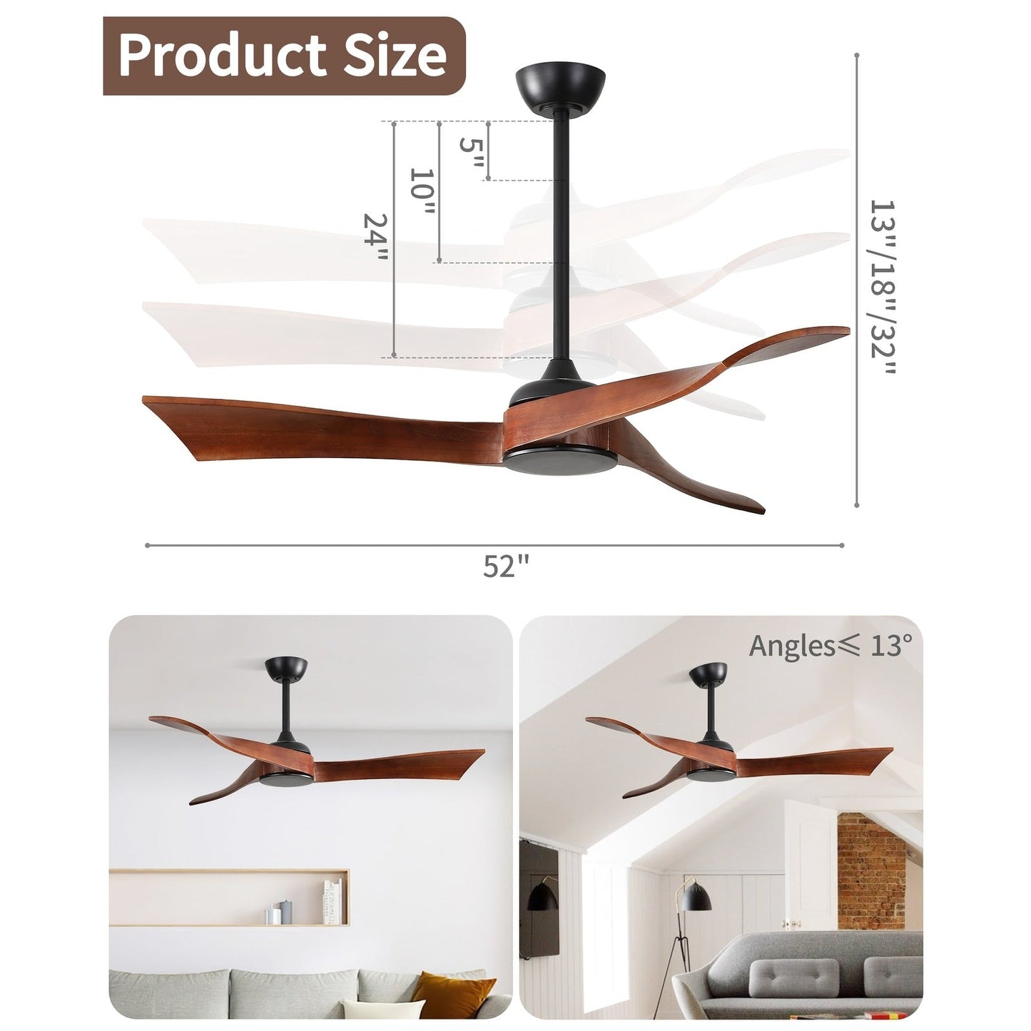 Ventilateur de plafond moderne de 52 pouces en bois massif/ABS avec télécommande (sans éclairage), 6 vitesses de vent, flux d'air réversible.