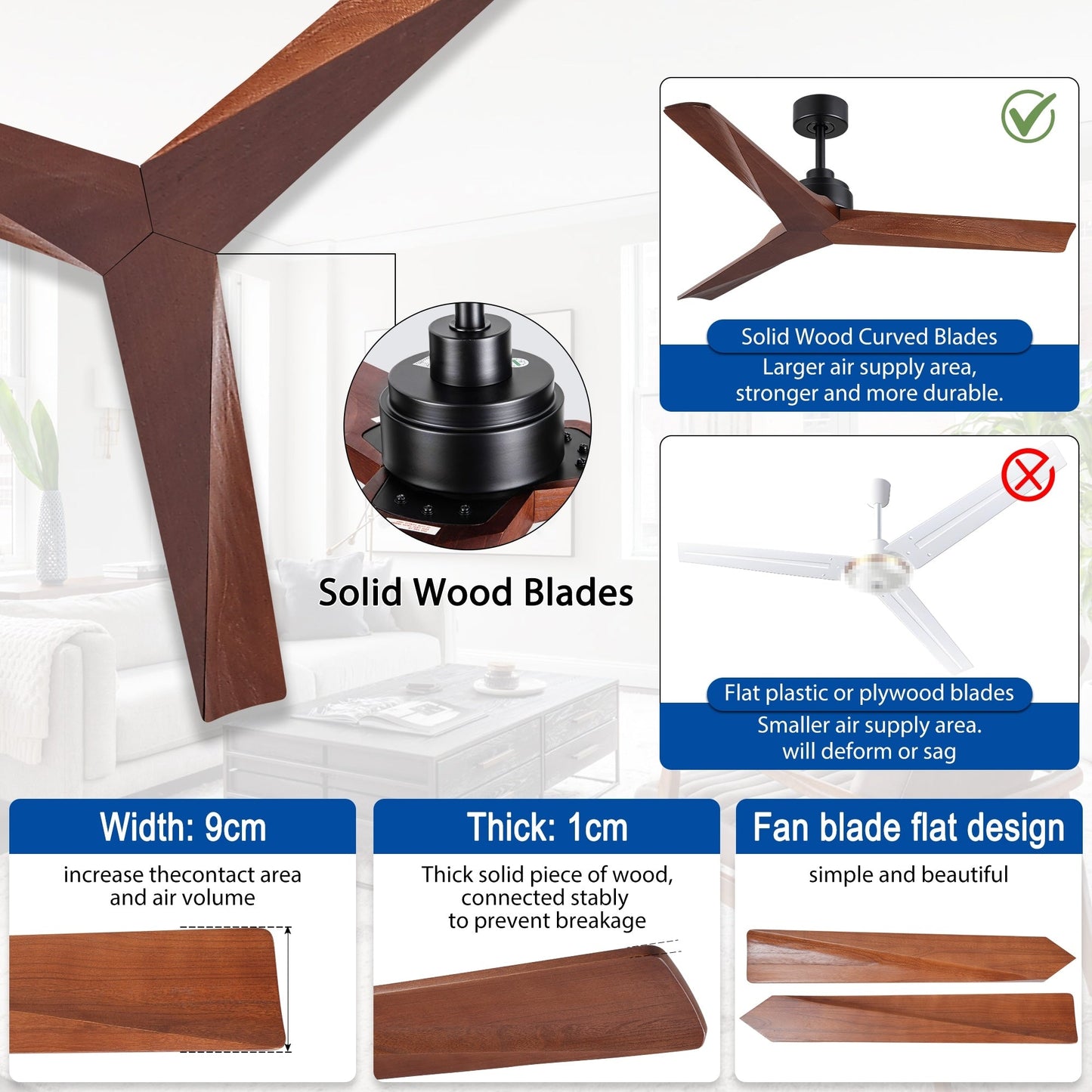Ventilateur de plafond moderne de 52 pouces en bois massif/ABS avec télécommande (sans éclairage), 6 vitesses de vent, flux d'air réversible.