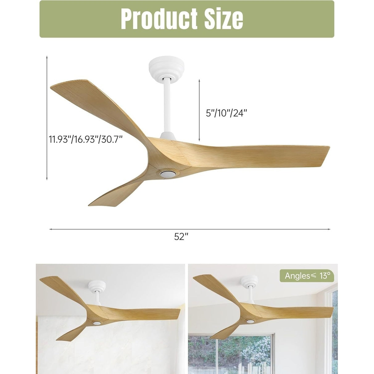 Ventilateur de plafond moderne de 52 pouces en bois massif/ABS avec télécommande (sans éclairage), 6 vitesses de vent, flux d'air réversible.