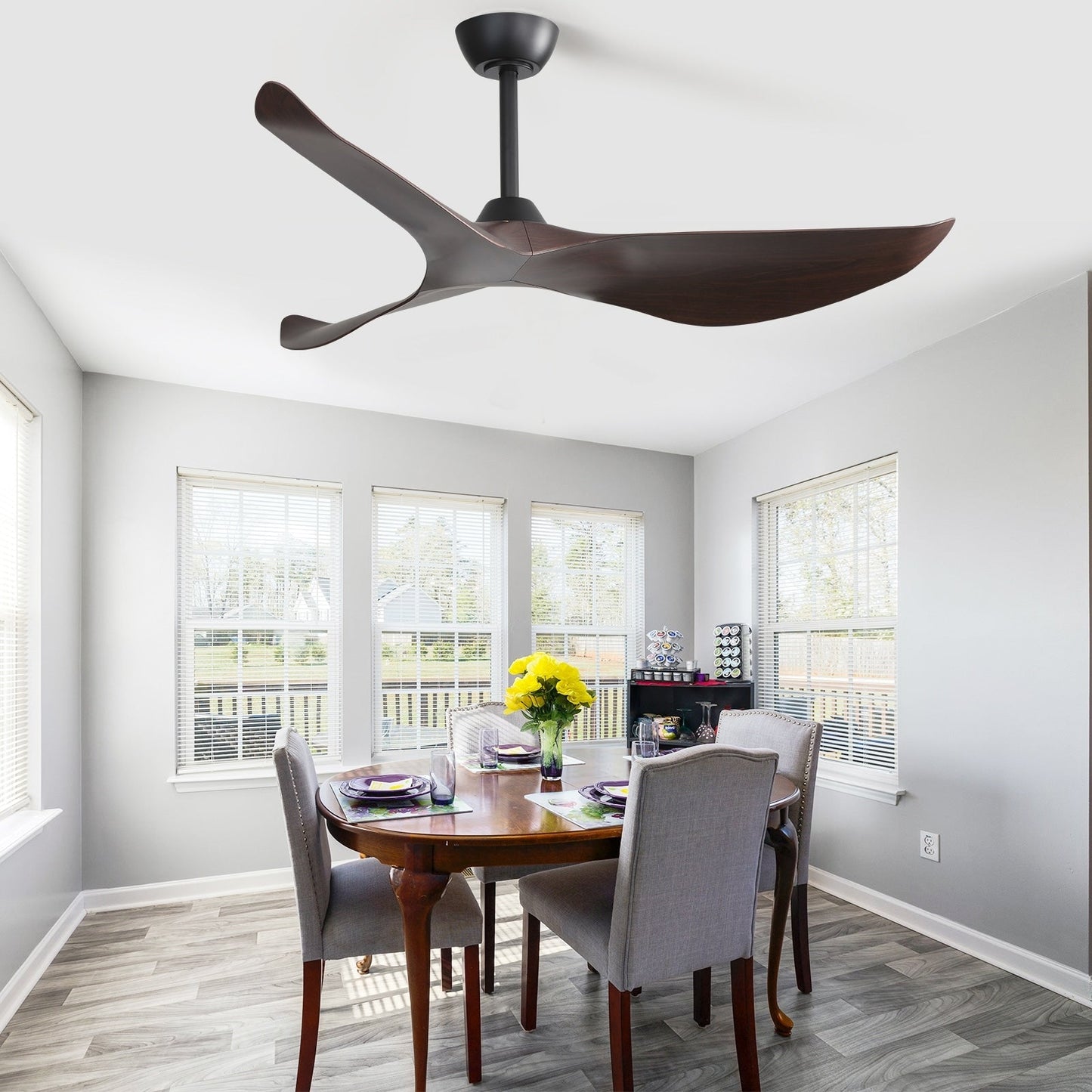 Ventilateur de plafond moderne de 52 pouces en bois massif/ABS avec télécommande (sans éclairage), 6 vitesses de vent, flux d'air réversible.