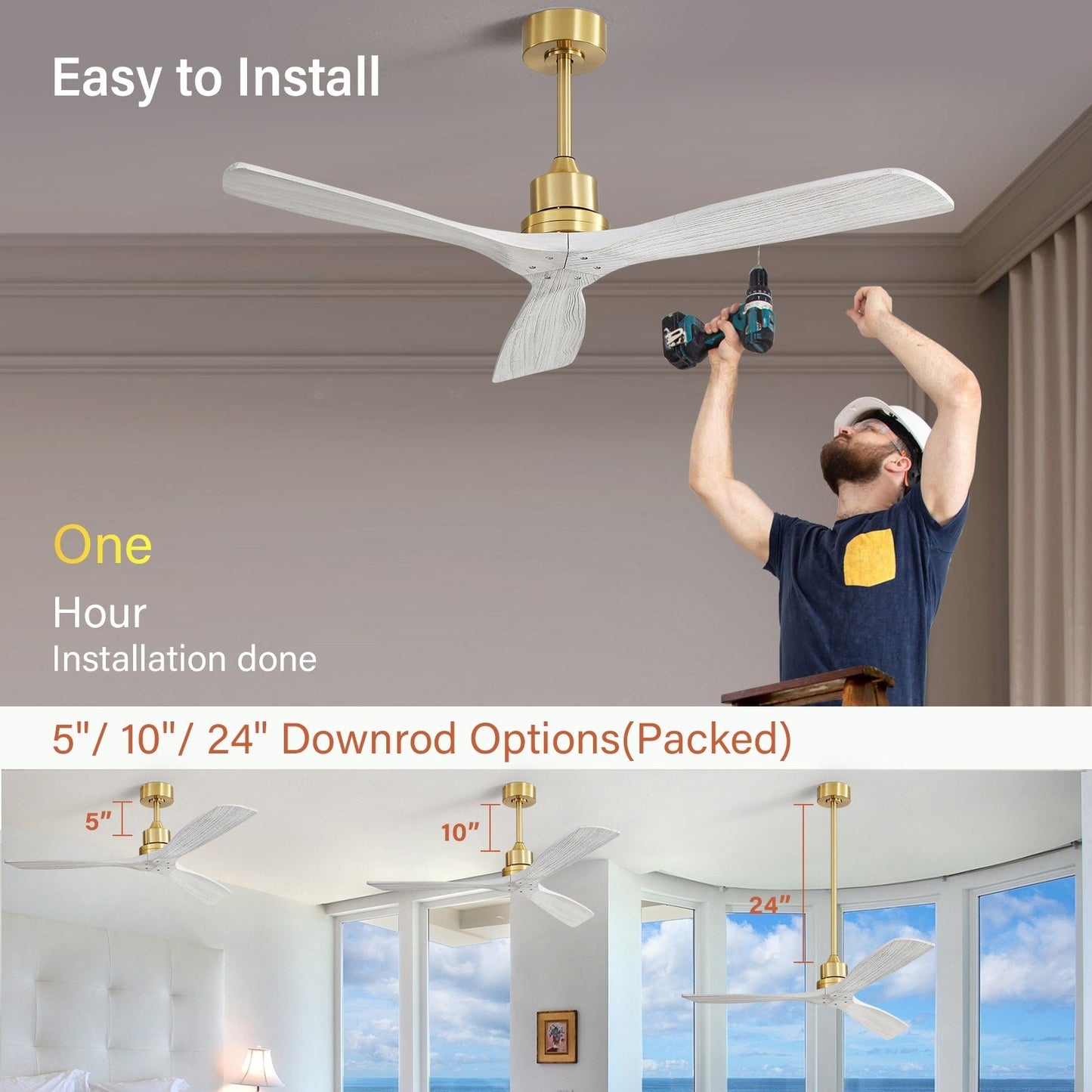 Ventilateur de plafond moderne de 52 pouces en bois massif/ABS avec télécommande (sans éclairage), 6 vitesses de vent, flux d'air réversible.