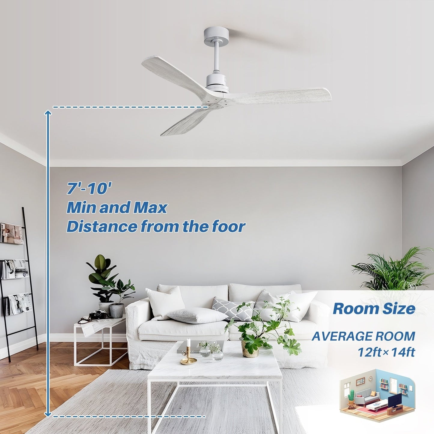Ventilateur de plafond moderne de 52 pouces en bois massif/ABS avec télécommande (sans éclairage), 6 vitesses de vent, flux d'air réversible.