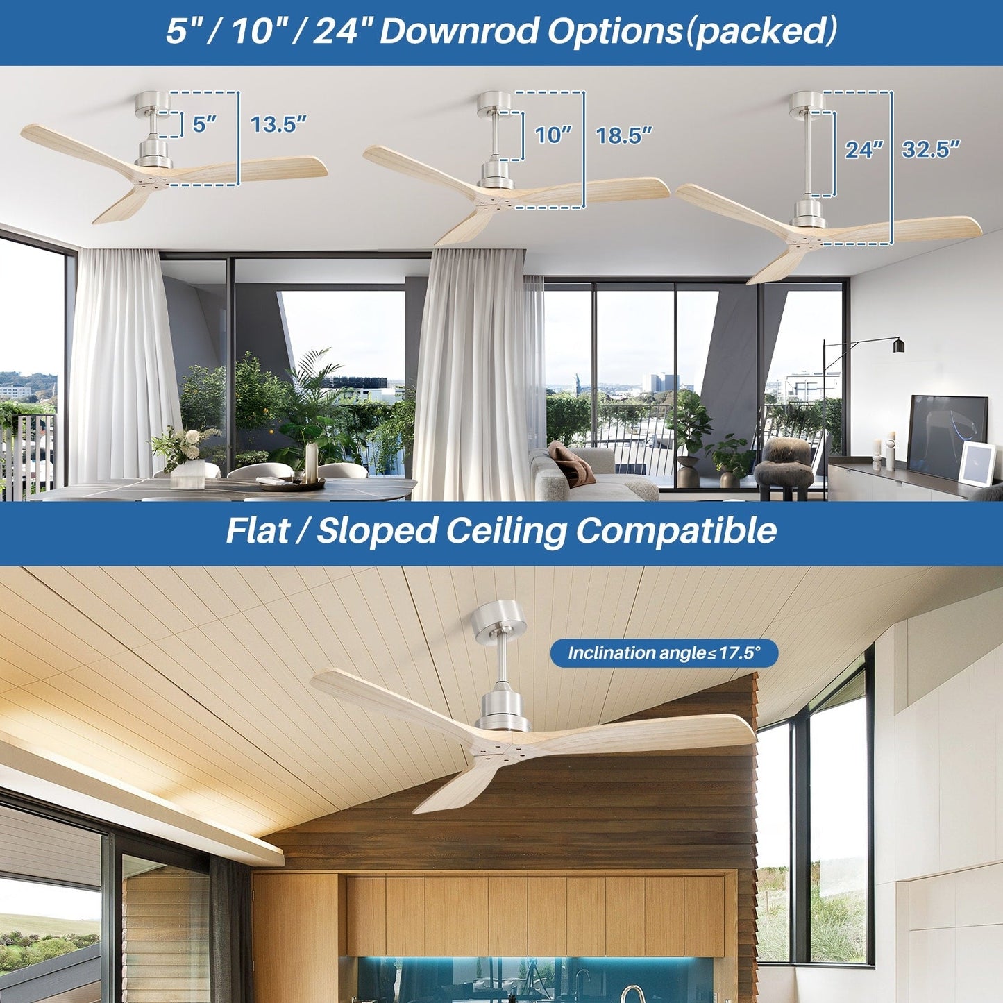 Ventilateur de plafond moderne de 52 pouces en bois massif/ABS avec télécommande (sans éclairage), 6 vitesses de vent, flux d'air réversible.