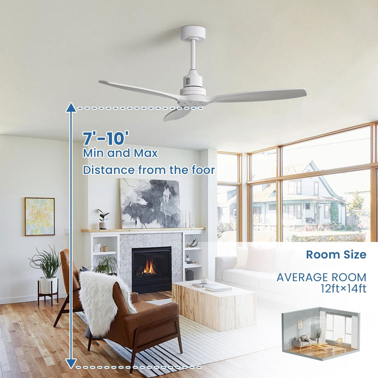 Ventilateur de plafond moderne de 52 pouces en bois massif/ABS avec télécommande (sans éclairage), 6 vitesses de vent, flux d'air réversible.
