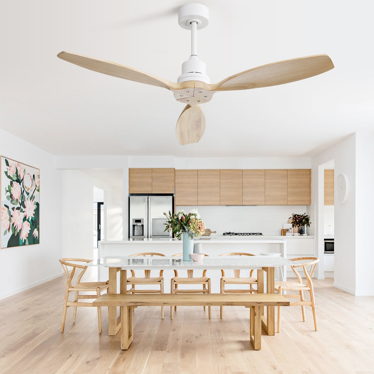 Ventilateur de plafond moderne de 52 pouces en bois massif/ABS avec télécommande (sans éclairage), 6 vitesses de vent, flux d'air réversible.