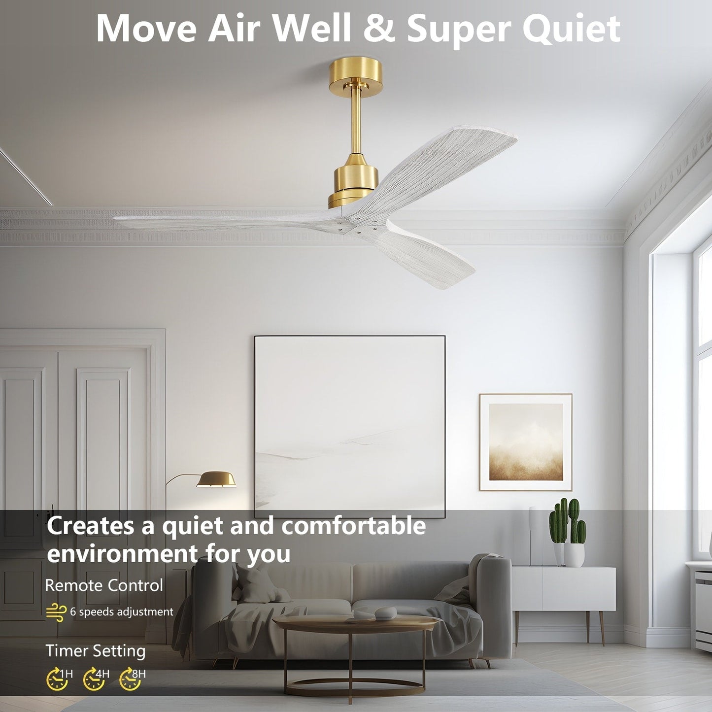 Ventilateur de plafond moderne de 52 pouces en bois massif/ABS avec télécommande (sans éclairage), 6 vitesses de vent, flux d'air réversible.