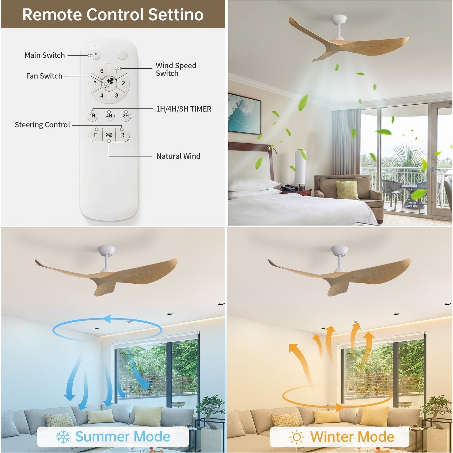 Ventilateur de plafond moderne de 52 pouces en bois massif/ABS avec télécommande (sans éclairage), 6 vitesses de vent, flux d'air réversible.