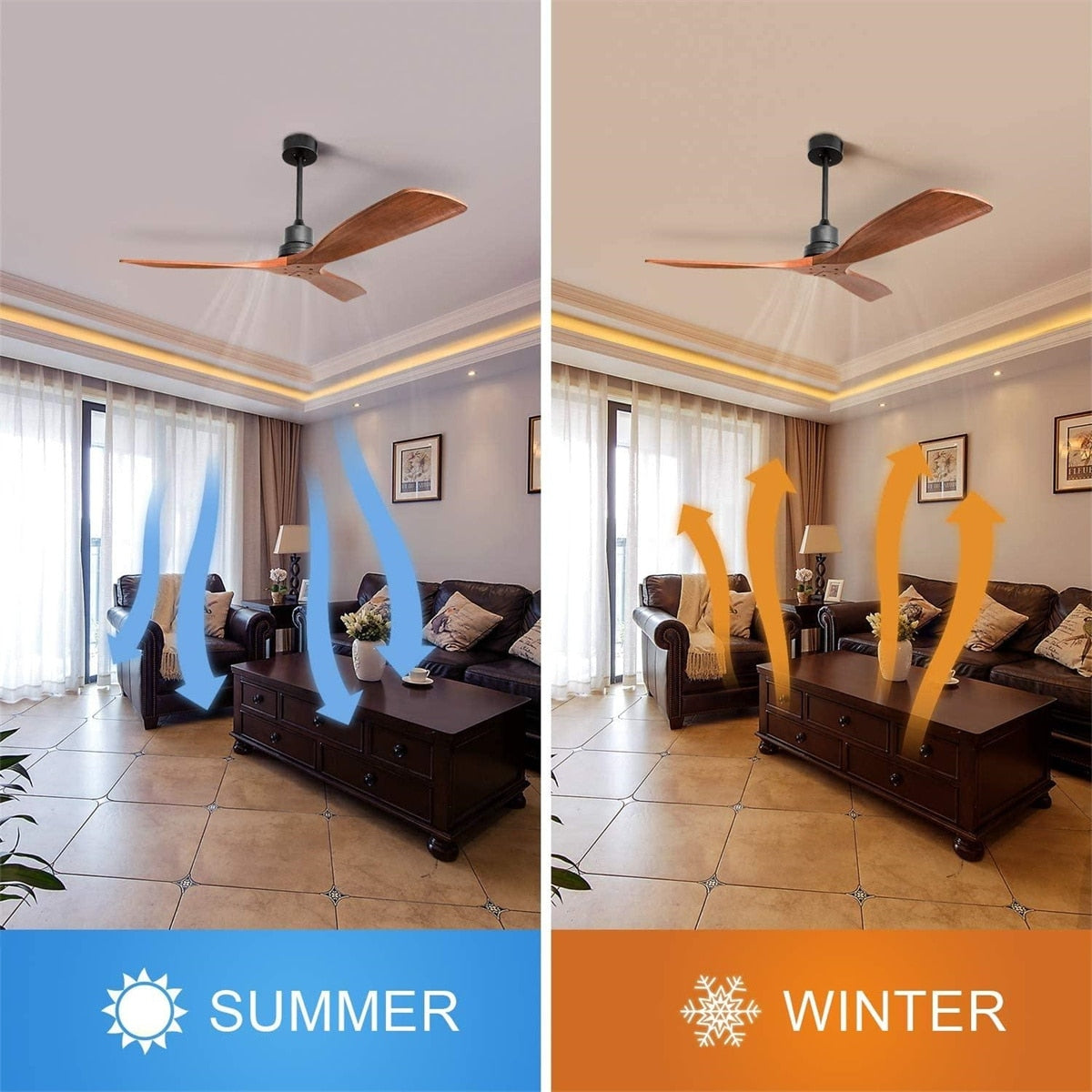 Ventilateur de plafond moderne de 52 pouces en bois massif/ABS avec télécommande (sans éclairage), 6 vitesses de vent, flux d'air réversible.