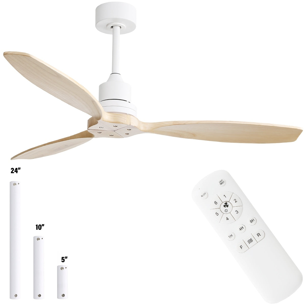 Ventilateur de plafond moderne de 52 pouces en bois massif/ABS avec télécommande (sans éclairage), 6 vitesses de vent, flux d'air réversible.