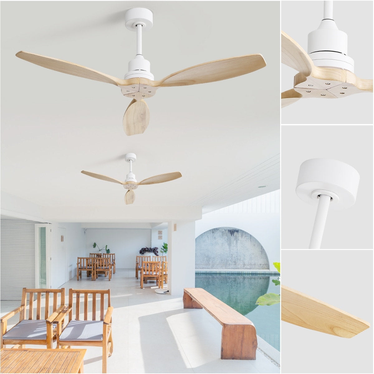 Ventilateur de plafond moderne de 52 pouces en bois massif/ABS avec télécommande (sans éclairage), 6 vitesses de vent, flux d'air réversible.