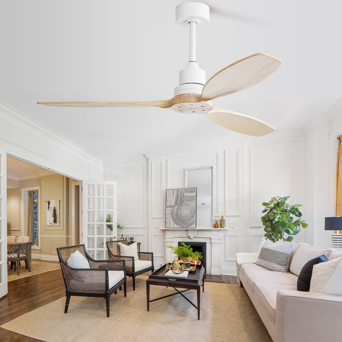 Ventilateur de plafond moderne de 52 pouces en bois massif/ABS avec télécommande (sans éclairage), 6 vitesses de vent, flux d'air réversible.