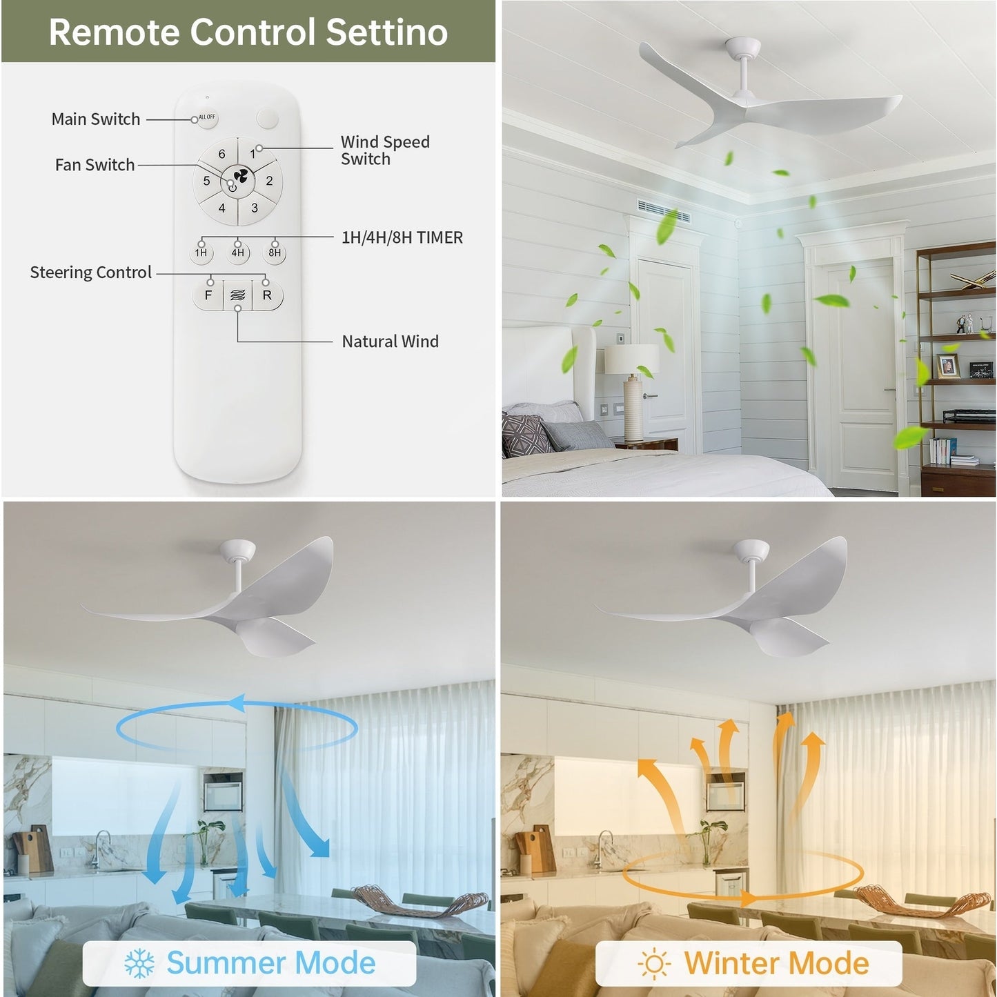 Ventilateur de plafond moderne de 52 pouces en bois massif/ABS avec télécommande (sans éclairage), 6 vitesses de vent, flux d'air réversible.