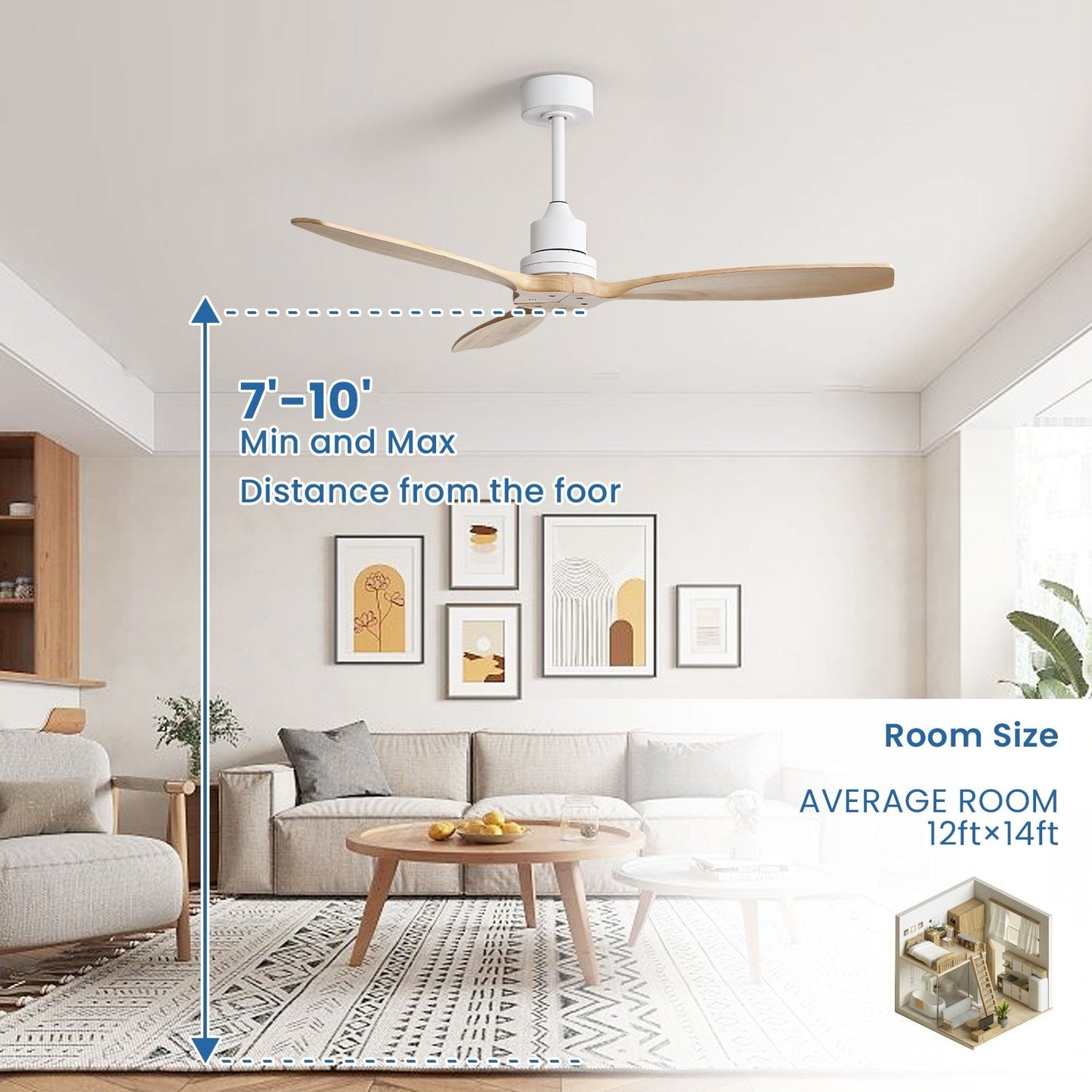Ventilateur de plafond moderne de 52 pouces en bois massif/ABS avec télécommande (sans éclairage), 6 vitesses de vent, flux d'air réversible.