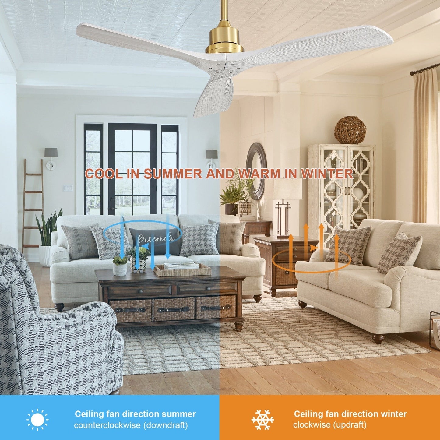 Ventilateur de plafond moderne de 52 pouces en bois massif/ABS avec télécommande (sans éclairage), 6 vitesses de vent, flux d'air réversible.