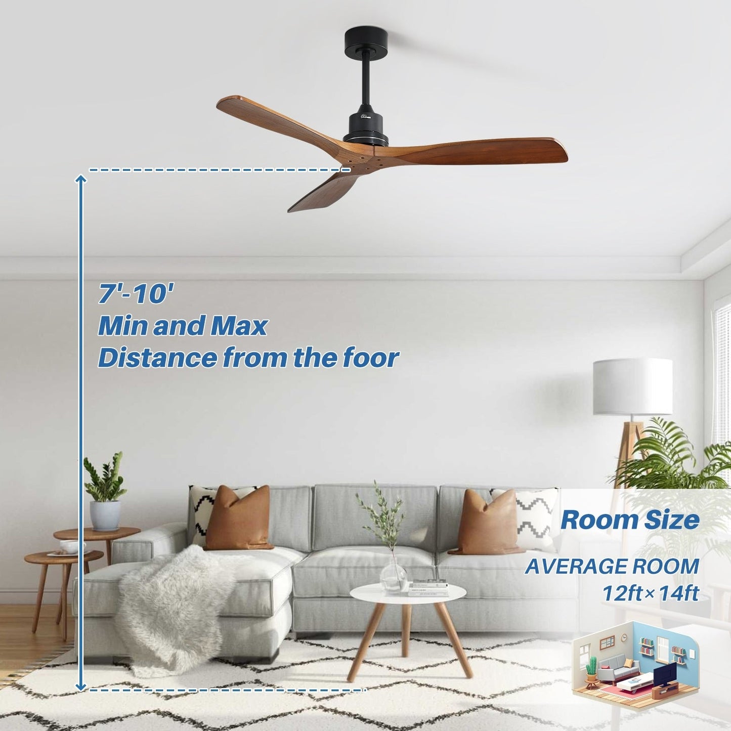 Ventilateur de plafond moderne de 52 pouces en bois massif/ABS avec télécommande (sans éclairage), 6 vitesses de vent, flux d'air réversible.
