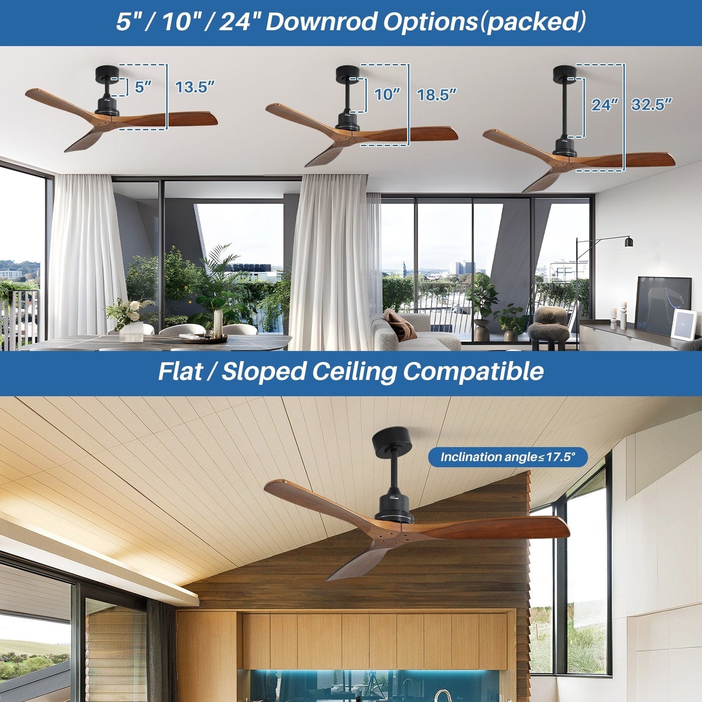 Ventilateur de plafond moderne de 52 pouces en bois massif/ABS avec télécommande (sans éclairage), 6 vitesses de vent, flux d'air réversible.
