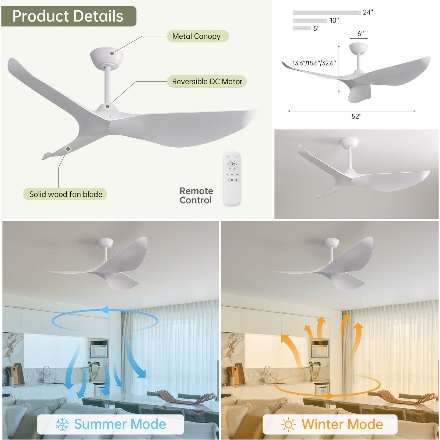 Ventilateur de plafond moderne de 52 pouces en bois massif/ABS avec télécommande (sans éclairage), 6 vitesses de vent, flux d'air réversible.