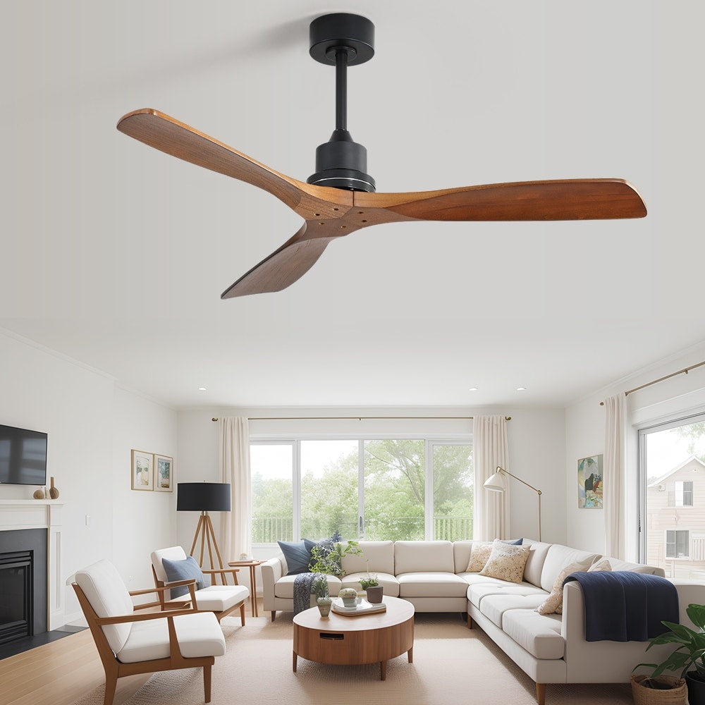 Ventilateur de plafond moderne de 52 pouces en bois massif/ABS avec télécommande (sans éclairage), 6 vitesses de vent, flux d'air réversible.