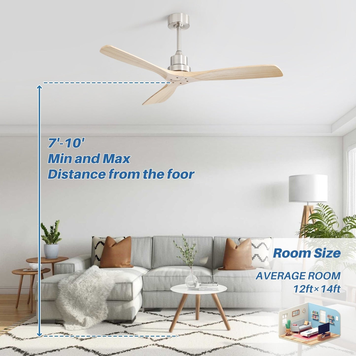 Ventilateur de plafond moderne de 52 pouces en bois massif/ABS avec télécommande (sans éclairage), 6 vitesses de vent, flux d'air réversible.