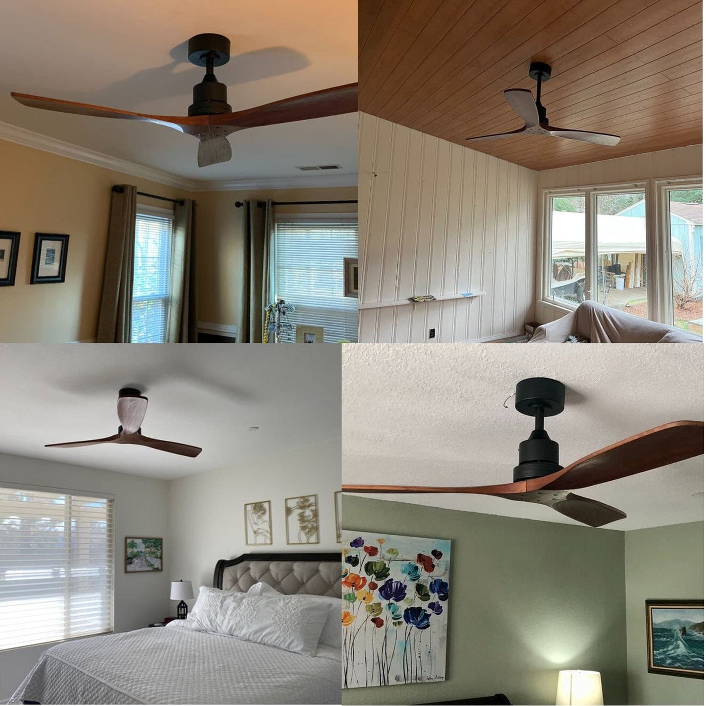 Ventilateur de plafond moderne de 52 pouces en bois massif/ABS avec télécommande (sans éclairage), 6 vitesses de vent, flux d'air réversible.