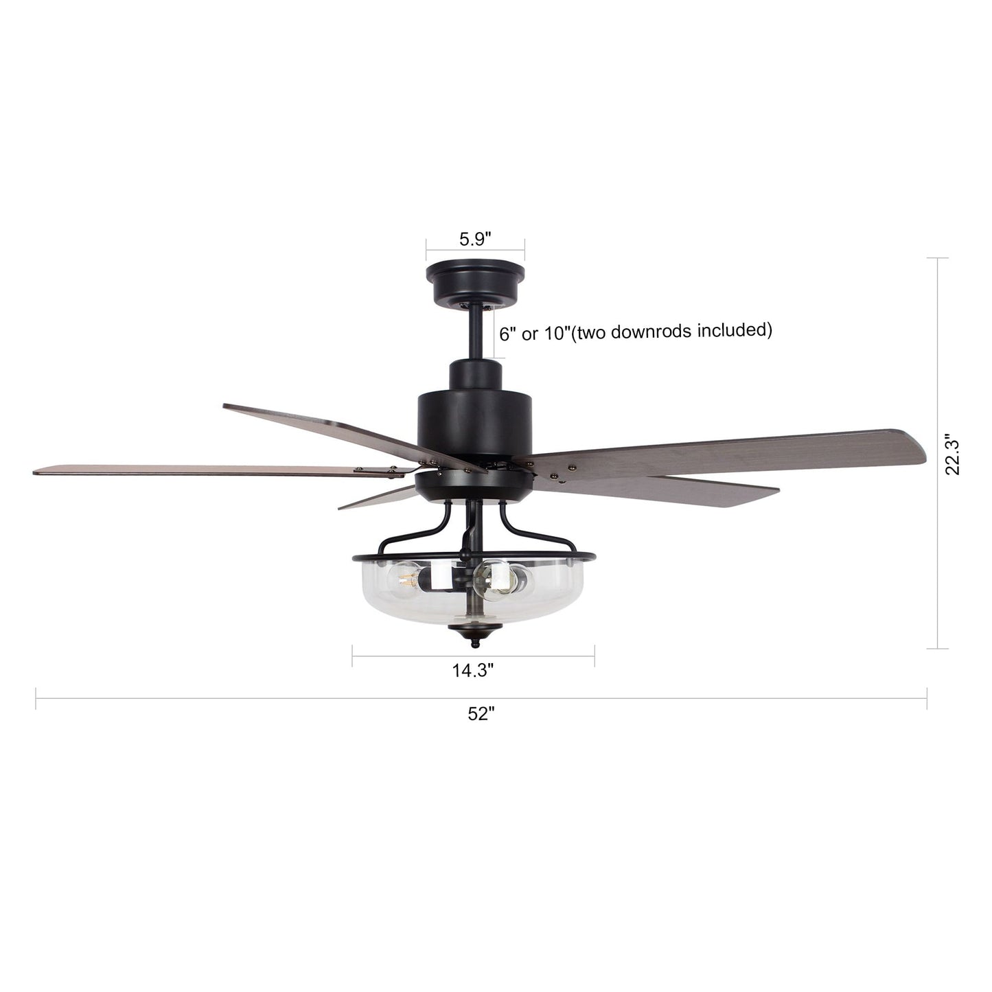 Ventilateur de plafond à 52 pouces avec 5 pales en bois réversibles, 3 lumières et télécommande.