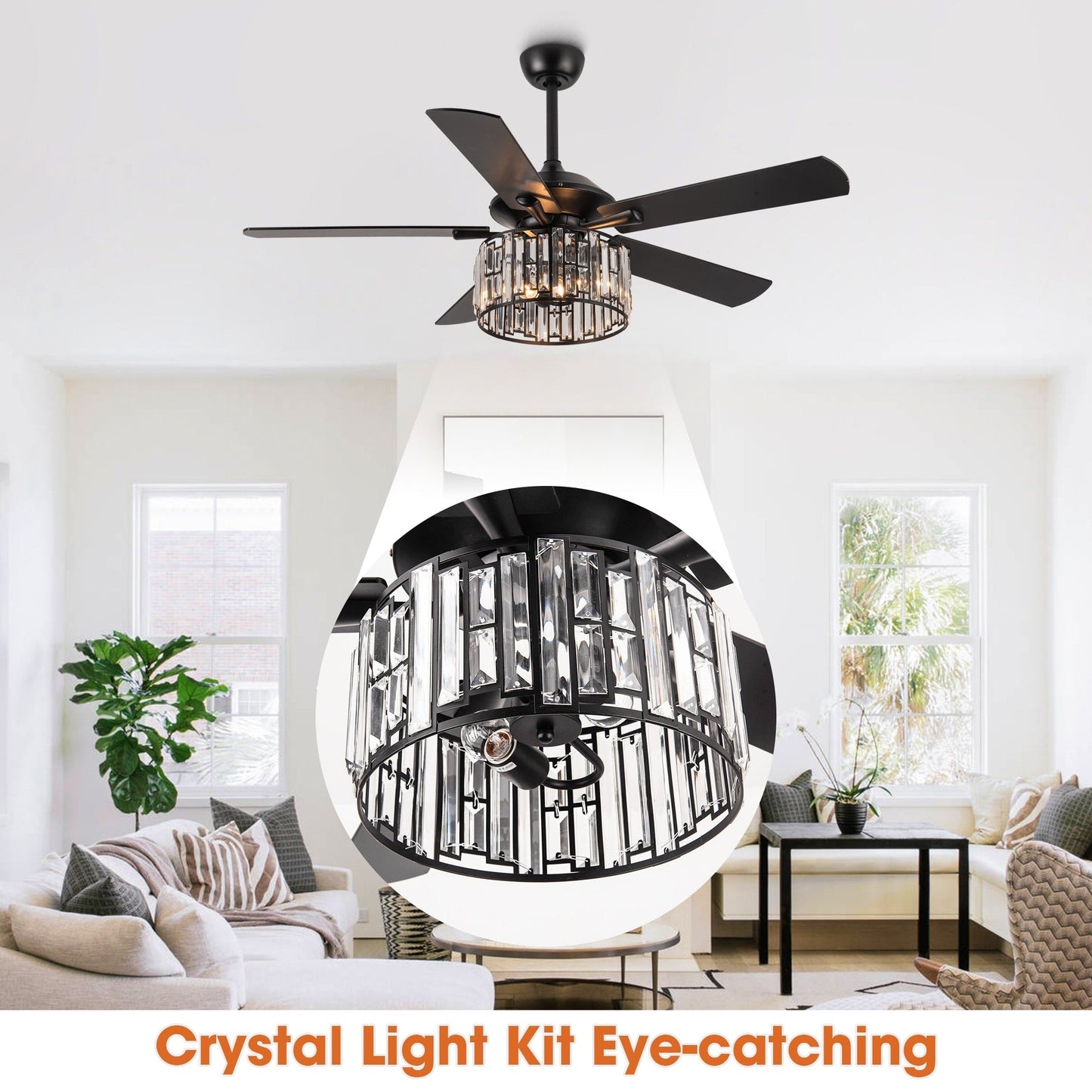 Ventilateur de plafond moderne en bois noir avec lustre en cristal, 52 pouces, avec télécommande.