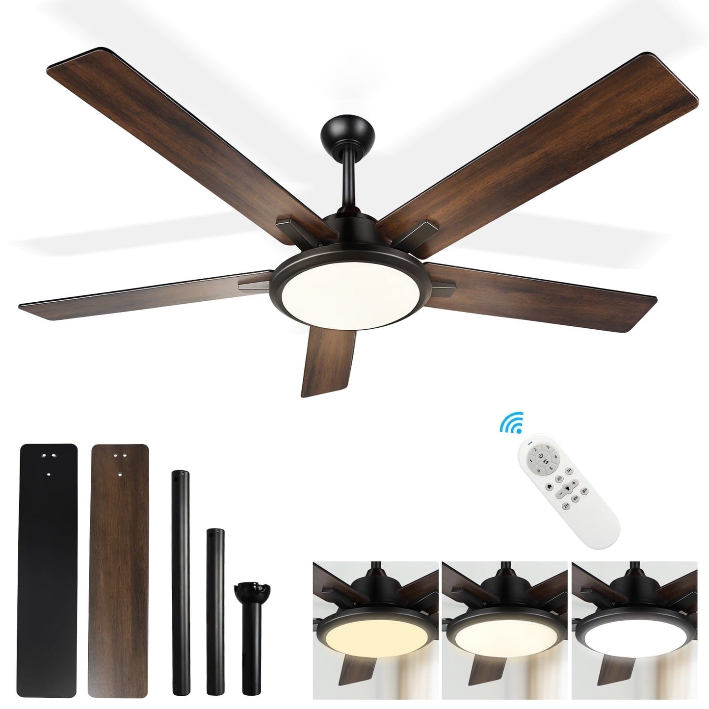 Ventilateurs de plafond modernes de 52 pouces avec éclairage et télécommande, LED à intensité variable