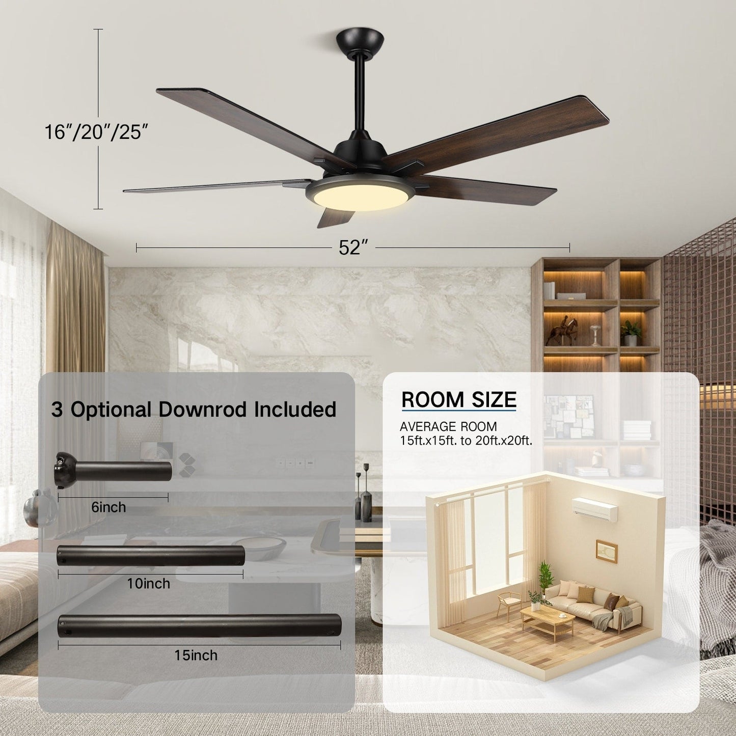 Ventilateurs de plafond modernes de 52 pouces avec éclairage et télécommande, LED à intensité variable