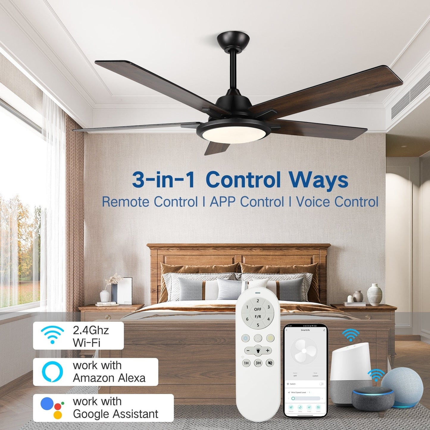 Ventilateurs de plafond modernes de 52 pouces avec éclairage et télécommande, LED à intensité variable