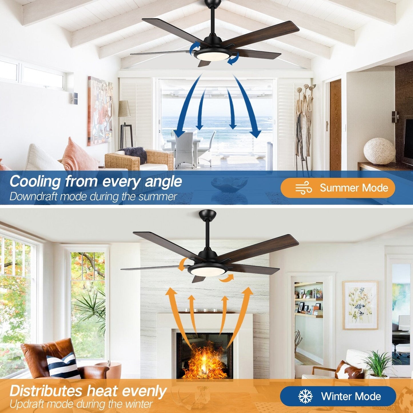 Ventilateurs de plafond modernes de 52 pouces avec éclairage et télécommande, LED à intensité variable