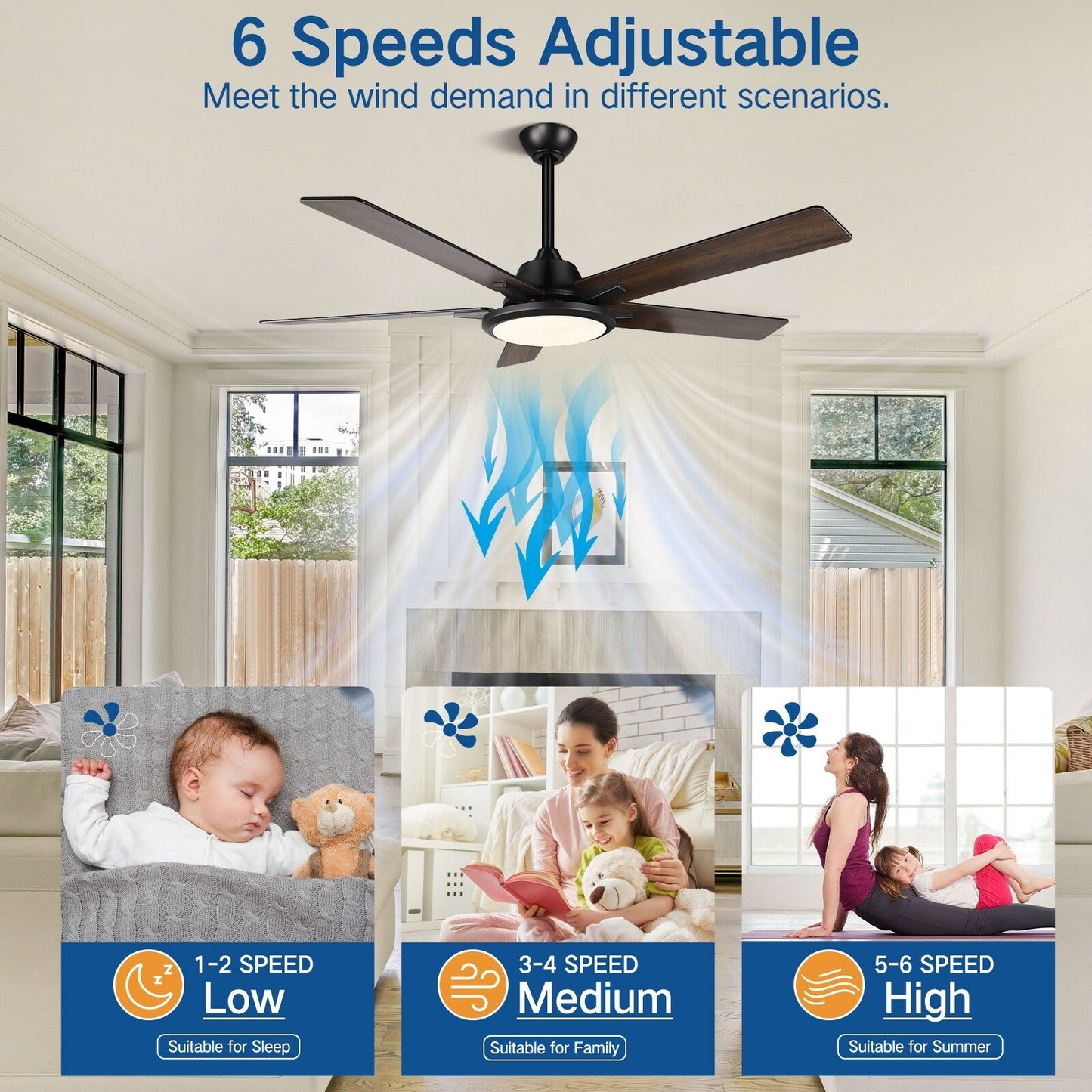 Ventilateurs de plafond modernes de 52 pouces avec éclairage et télécommande, LED à intensité variable