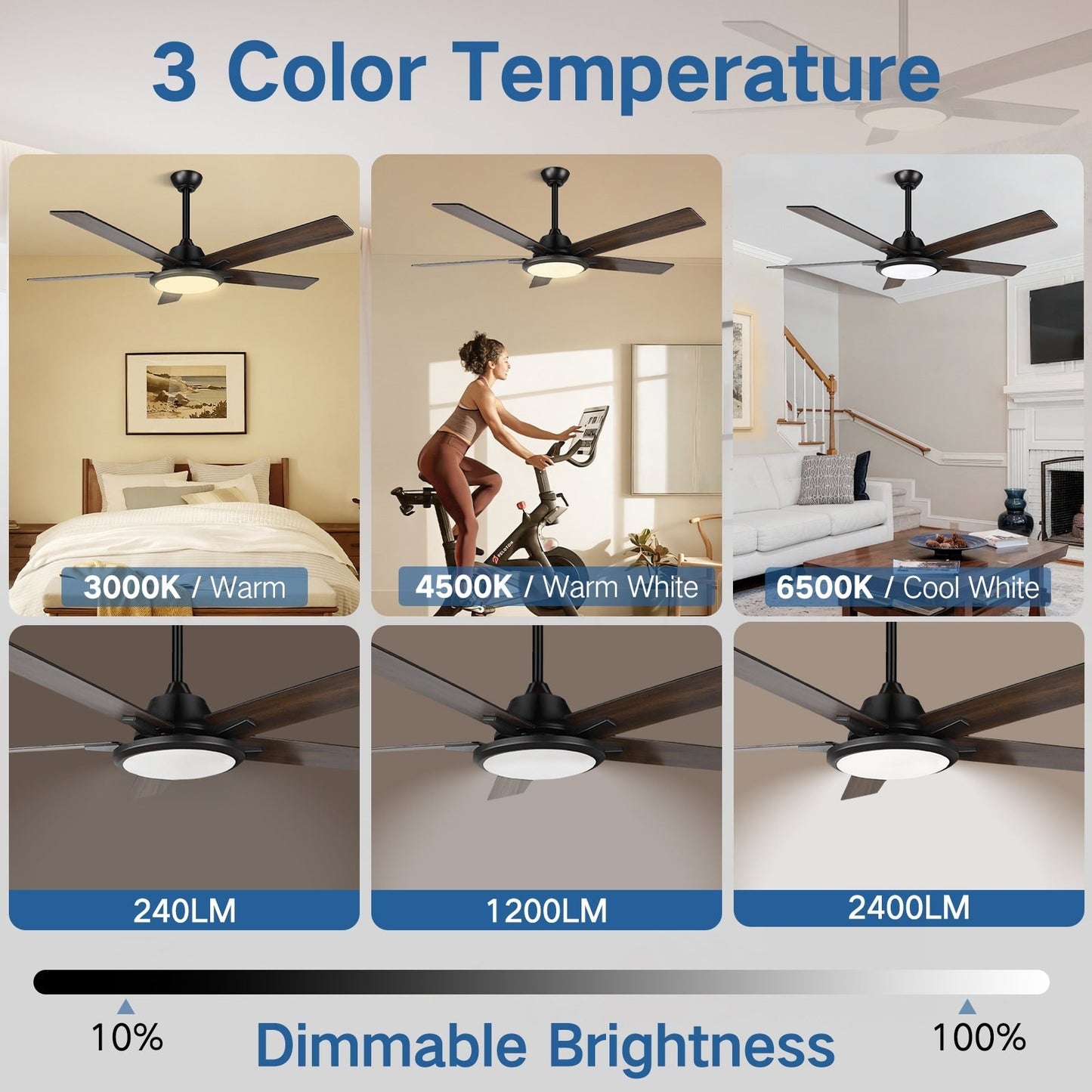 Ventilateurs de plafond modernes de 52 pouces avec éclairage et télécommande, LED à intensité variable