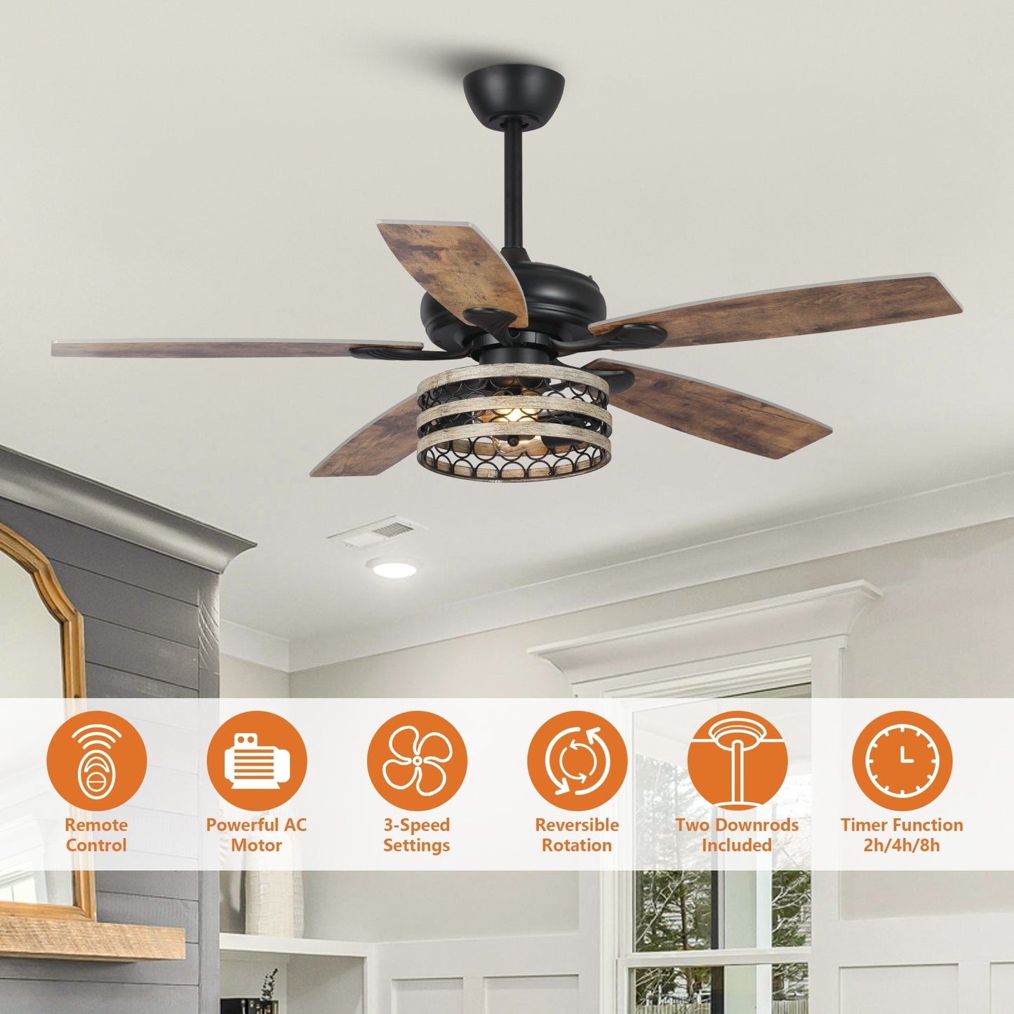 Ventilateur de plafond à 5 pales en bois flotté de style farmhouse, avec cage noire et télécommande.