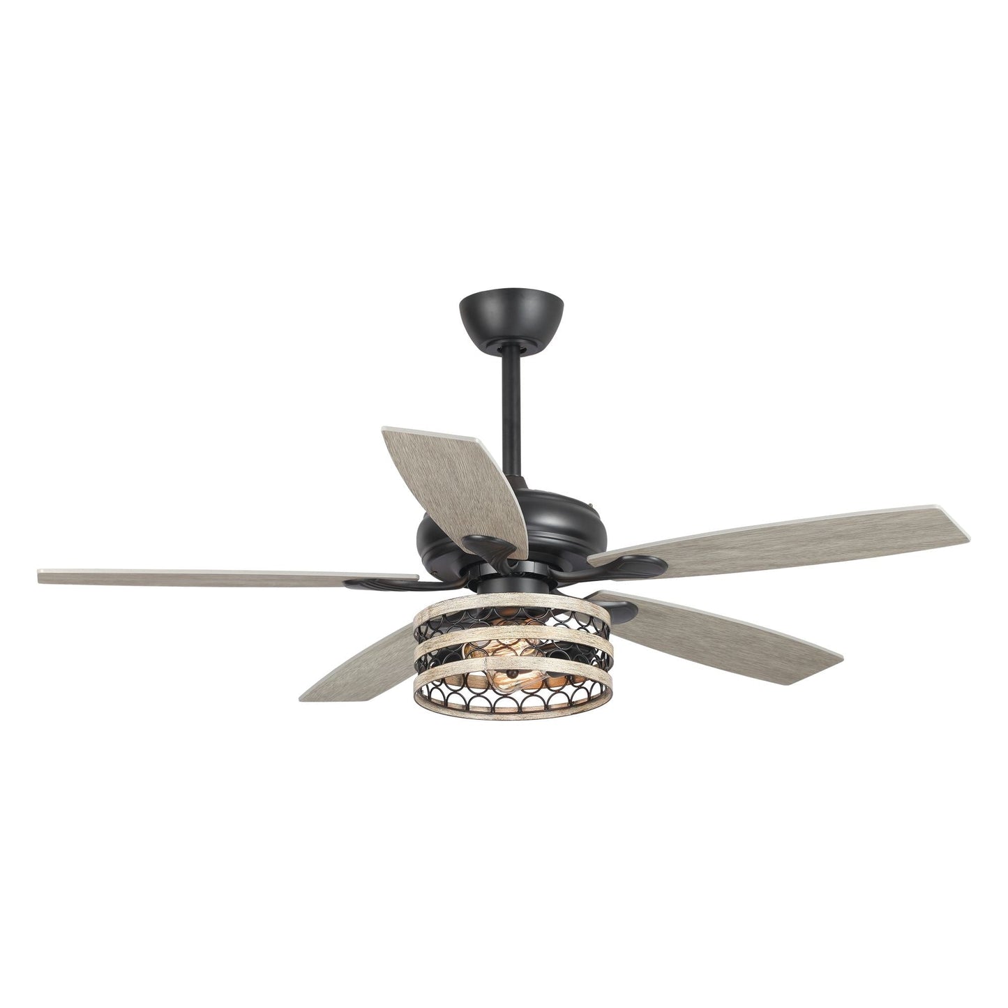 Ventilateur de plafond à 5 pales en bois flotté de style farmhouse, avec cage noire et télécommande.