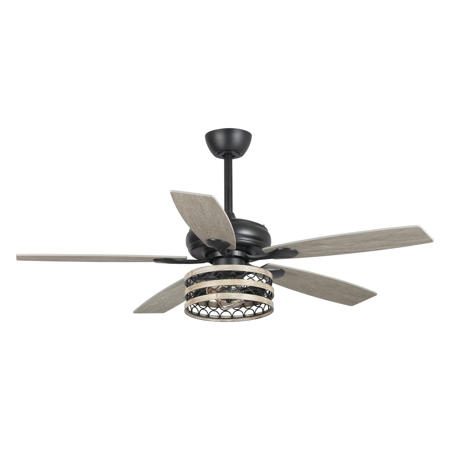 Ventilateur de plafond à 5 pales en bois flotté de style farmhouse, avec cage noire et télécommande.