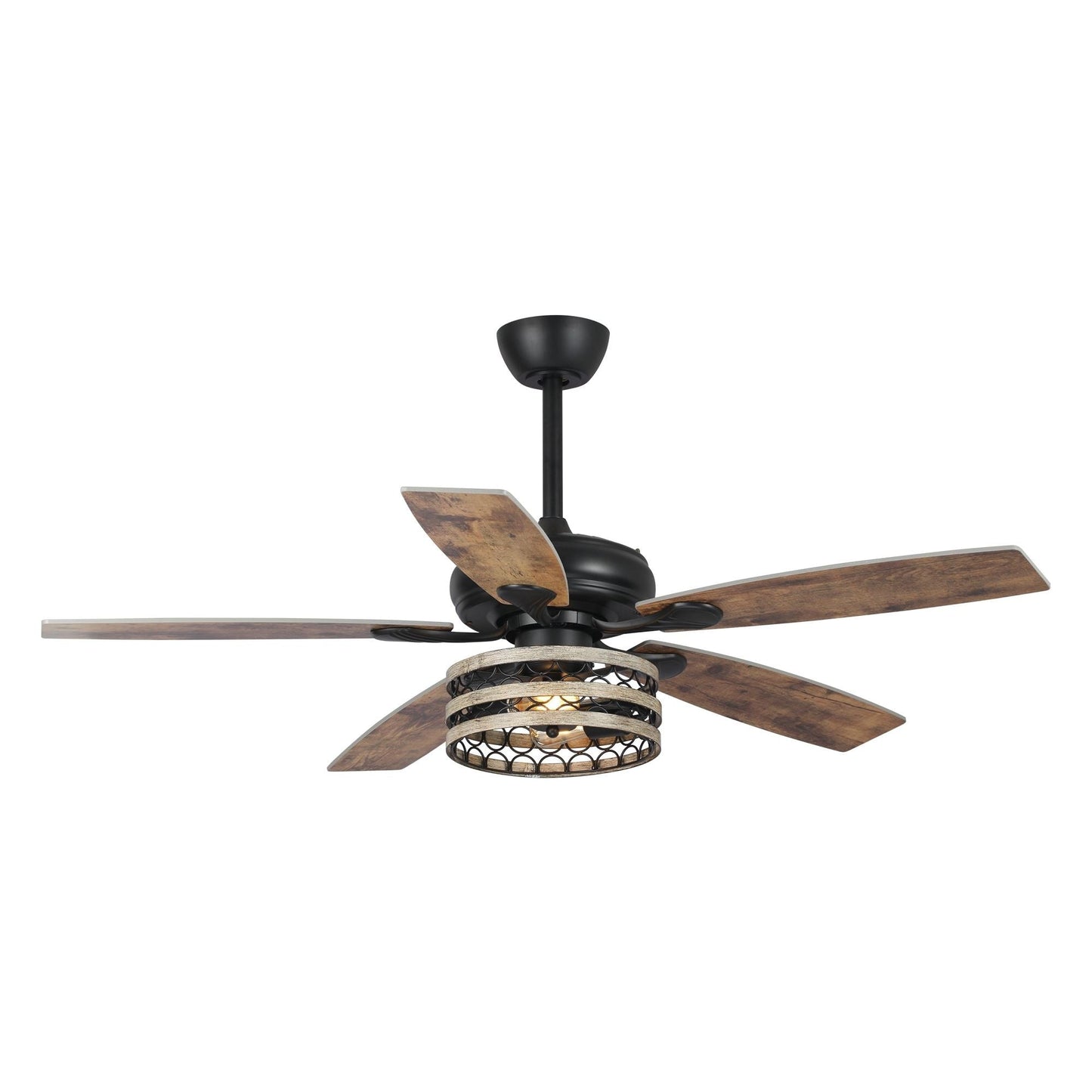 Ventilateur de plafond à 5 pales en bois flotté de style farmhouse, avec cage noire et télécommande.