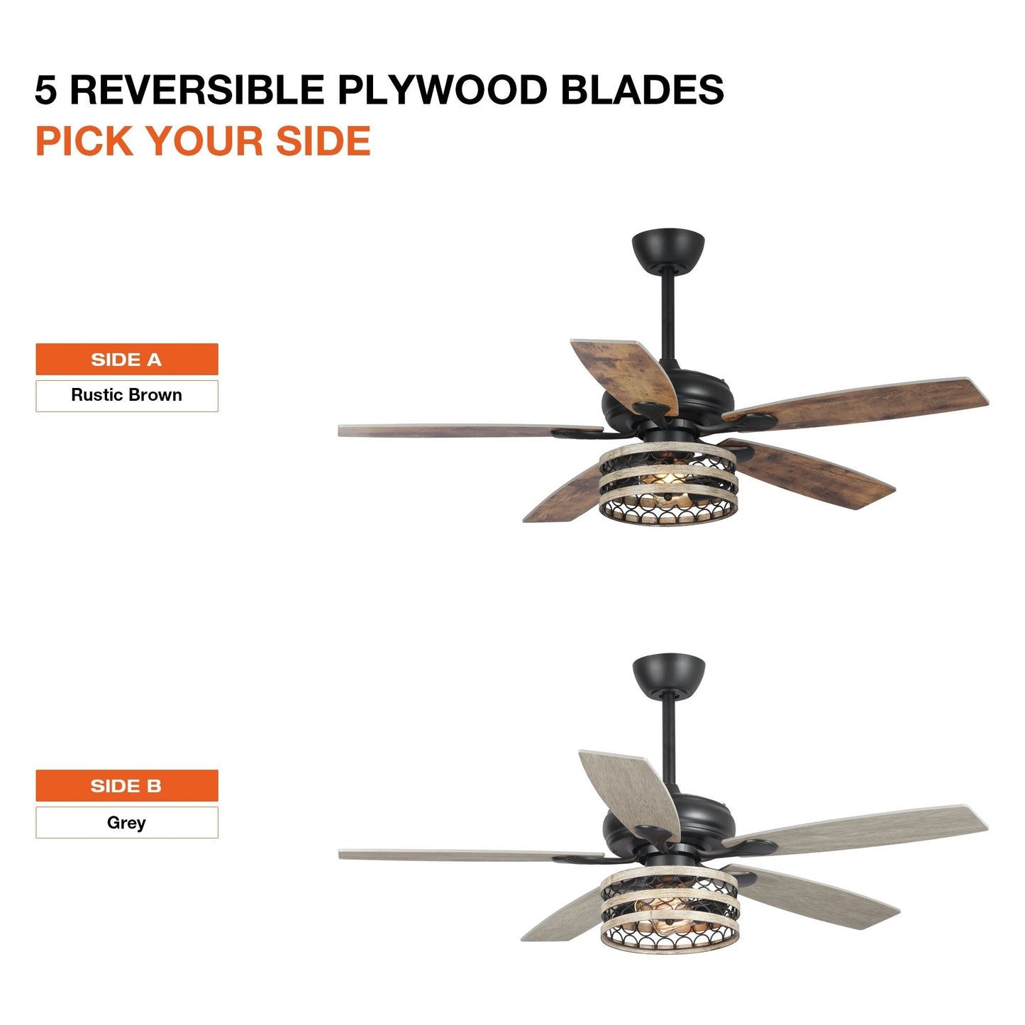 Ventilateur de plafond à 5 pales en bois flotté de style farmhouse, avec cage noire et télécommande.