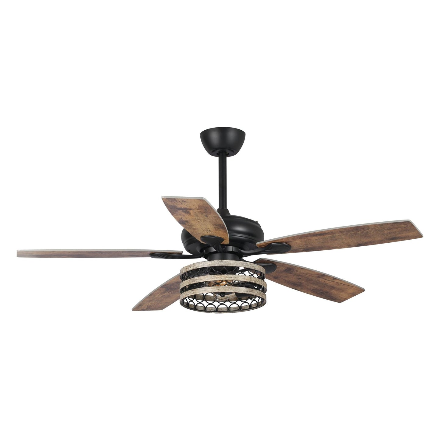 Ventilateur de plafond à 5 pales en bois flotté de style farmhouse, avec cage noire et télécommande.