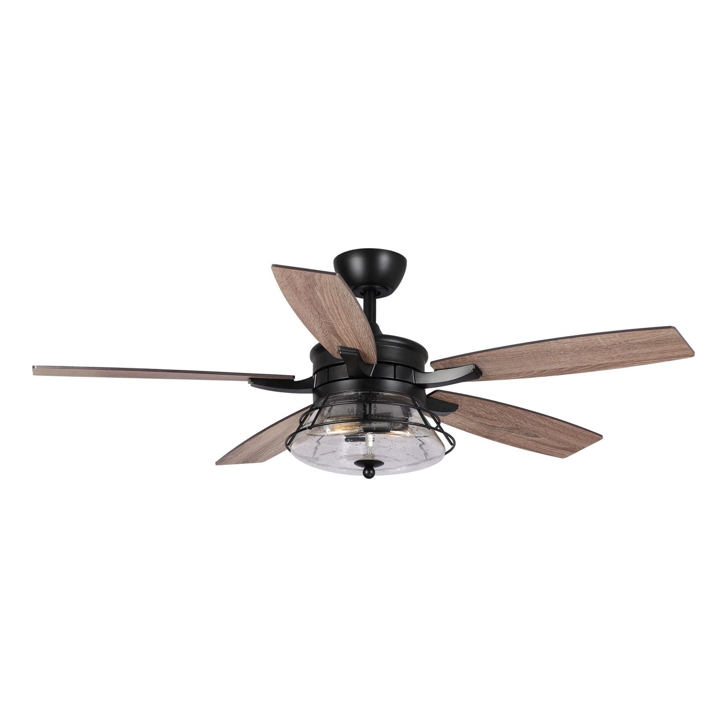 Ventilateur de plafond décoratif noir à 52 pales en verre dépoli, avec télécommande et kit d'éclairage.