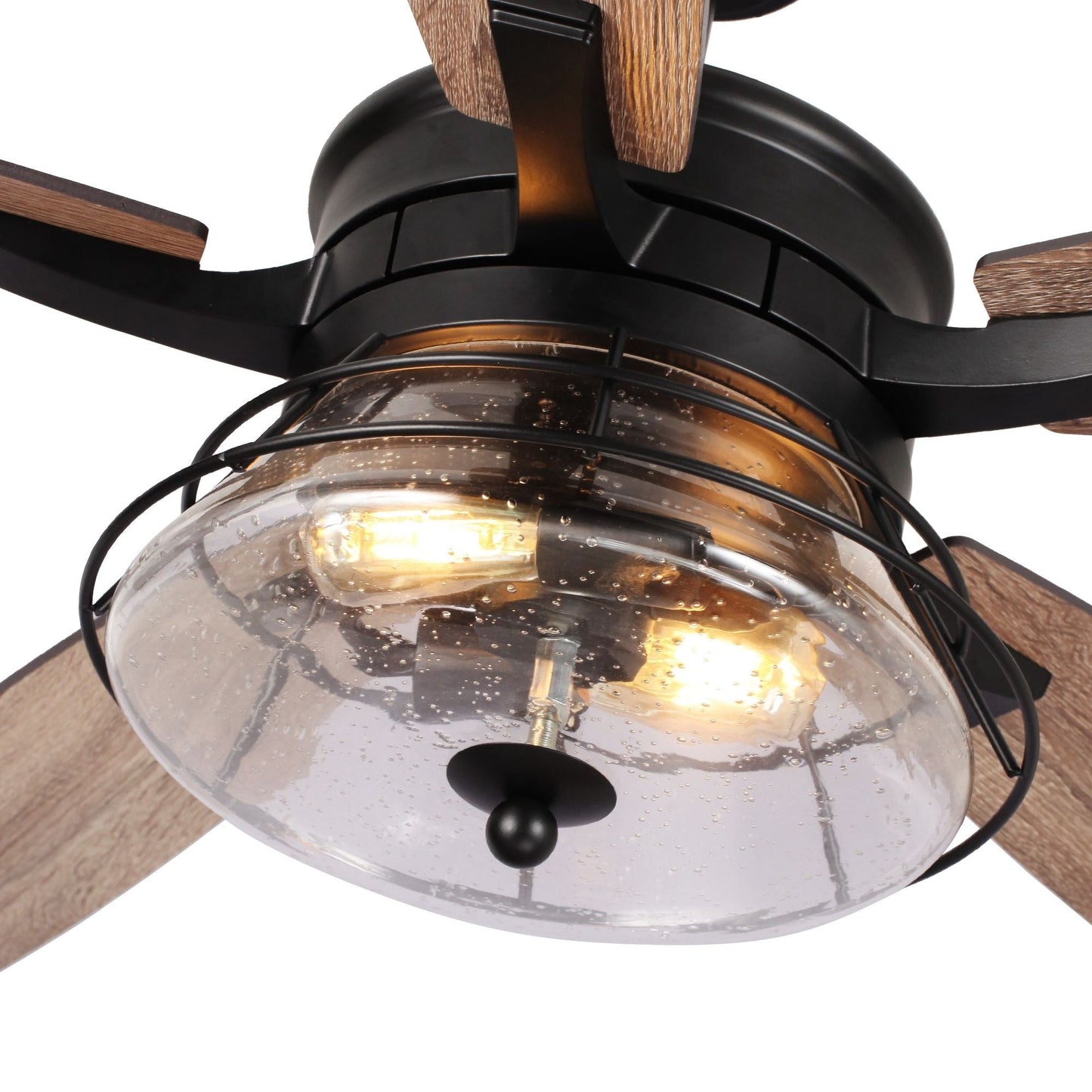 Ventilateur de plafond décoratif noir à 52 pales en verre dépoli, avec télécommande et kit d'éclairage.