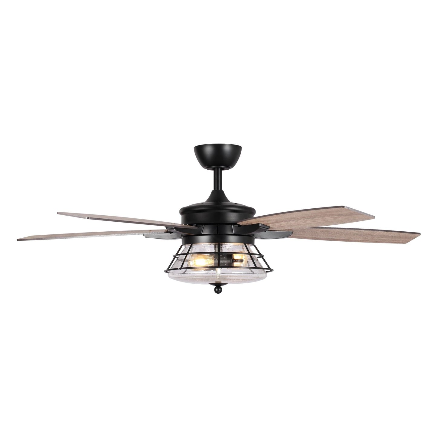 Ventilateur de plafond décoratif noir à 52 pales en verre dépoli, avec télécommande et kit d'éclairage.