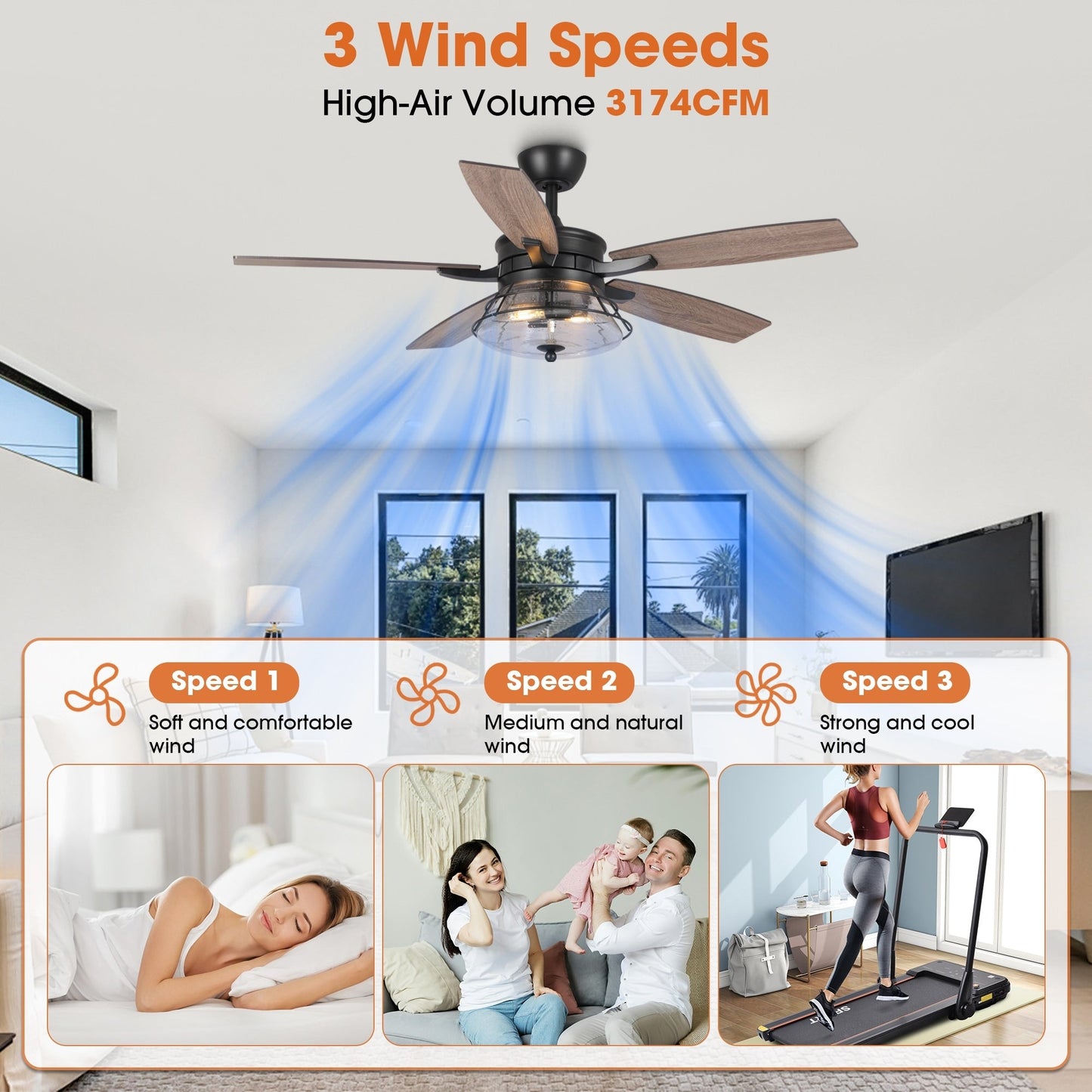 Ventilateur de plafond décoratif noir à 52 pales en verre dépoli, avec télécommande et kit d'éclairage.