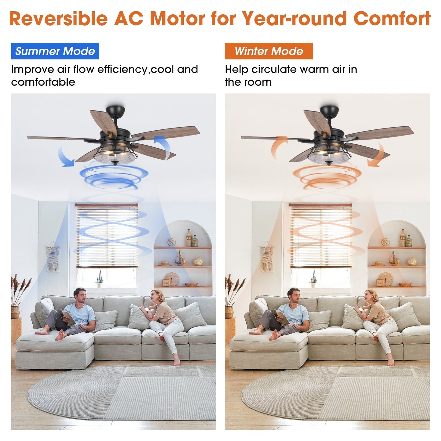 Ventilateur de plafond décoratif noir à 52 pales en verre dépoli, avec télécommande et kit d'éclairage.