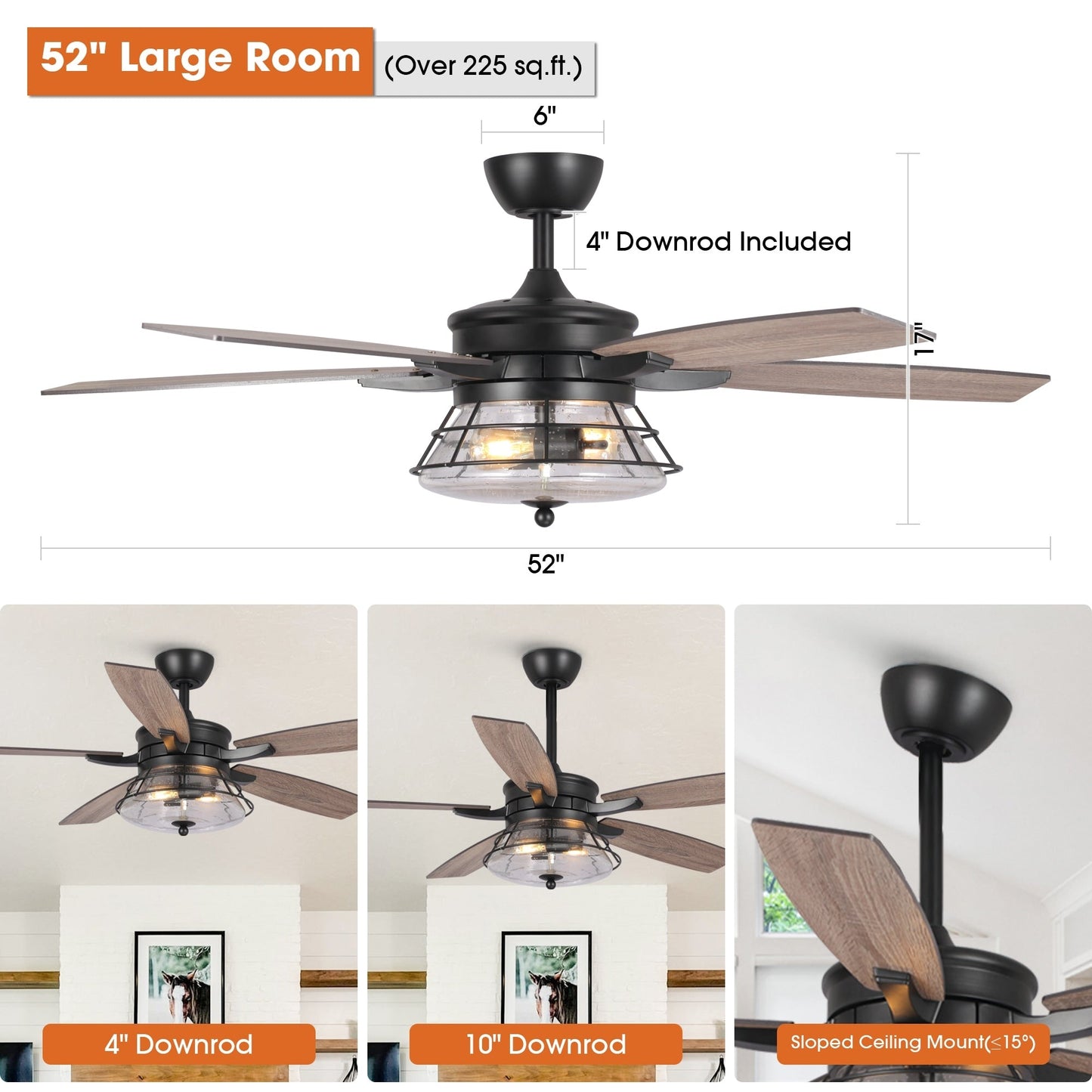 Ventilateur de plafond décoratif noir à 52 pales en verre dépoli, avec télécommande et kit d'éclairage.
