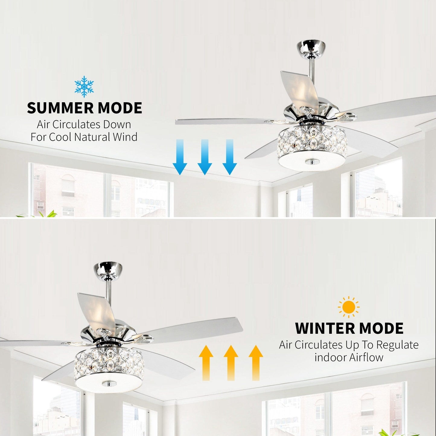 52 pouces Lustre moderne à 4 lumières avec ventilateur de plafond à cristaux et télécommande